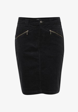 Schwarzer Cordrock mit taillierter Silhouette, ausgestattet mit zwei Reißverschluss-Fronttaschen und tonalem Nähen. Glatte Textur und knielanger Schnitt.