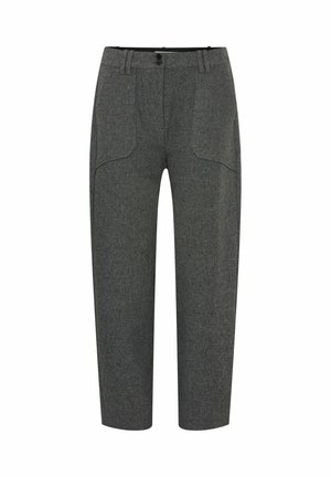 Pantalons taillés gris avec un tissu texturé, dotés de deux poches avant et d'une fermeture à bouton à l'avant. Longueur cheville avec une coupe droite.