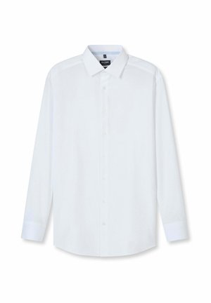 Weißes langärmliges Hemd mit Knopfleiste und spitzem Kragen, flach liegend und vollständig zugeknöpft vor weißem Hintergrund.