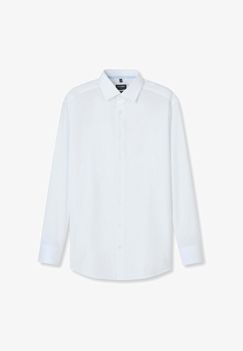 Weißes langärmliges Hemd mit Knopfleiste und spitzem Kragen, flach liegend und vollständig zugeknöpft vor weißem Hintergrund.