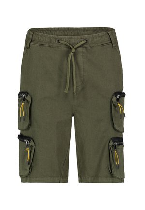 Cargo-Shorts aus olivgrünem Stoff mit elastischem Bund, Kordelzug und mehreren Reißverschlusstaschen mit gelben Akzenten an den Seiten.
