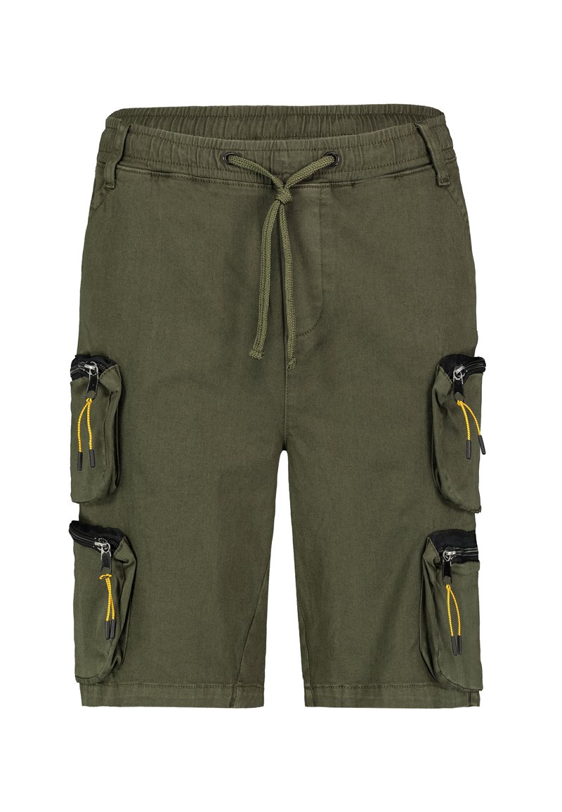 Cargo shorts in olive green fabric with elasticated waistband, drawstring, and multiple zip pockets with yellow accents on sides.
