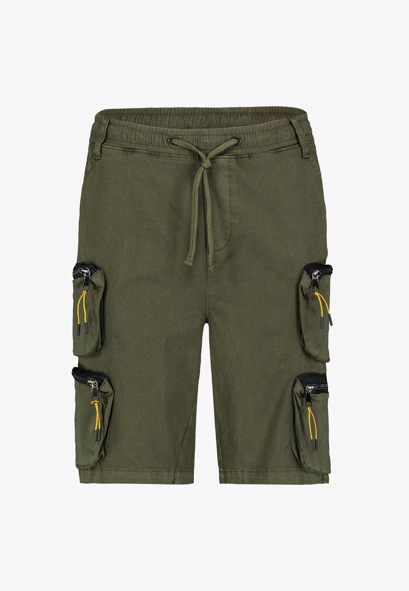 Cargo shorts in olive green fabric with elasticated waistband, drawstring, and multiple zip pockets with yellow accents on sides.