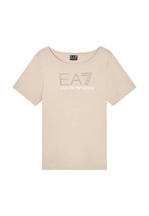 T-shirt beige in cotone a maniche corte con scollo rotondo, caratterizzata dal logo "EA7" decorato e dal logo bianco "Emporio Armani" sul davanti.