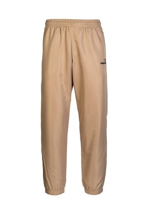 Pantaloni da corsa leggeri beige, realizzati in poliesteri lisci, con vita elasticizzata e caviglie strette, caratterizzati da un piccolo logo sul lato.