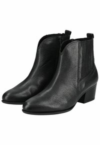 Bottines en cuir noir avec un bout pointu, des panneaux latéraux élastiques et un petit talon carré. Surface texturée avec une finition lisse.
