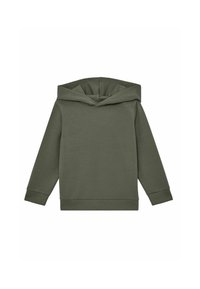 Khaki zielona bluza z kapturem wykonana z miękkiego materiału, charakteryzująca się luźnym krojem, długimi rękawami oraz prostym wzorem z prążkowanymi mankietami.