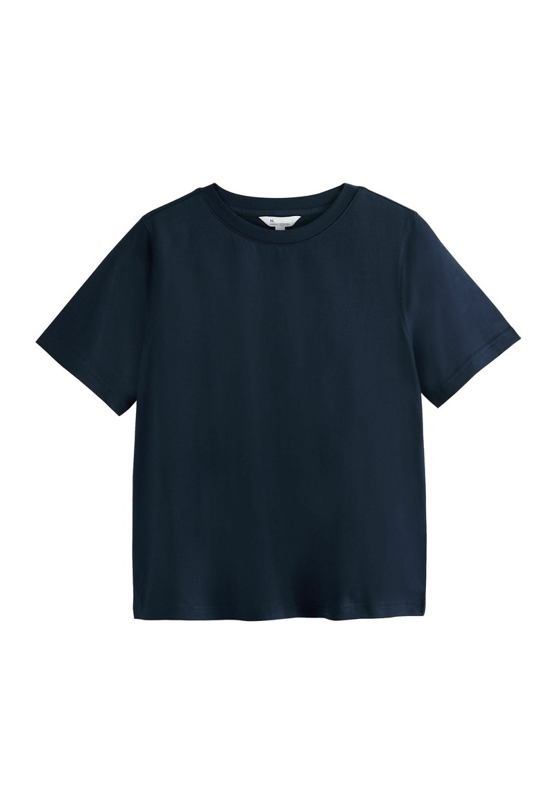 Marineblauw t-shirt met korte mouwen en ronde hals. Gemaakt van een soepele stof met minimale naden en zonder zichtbare patronen of accenten.