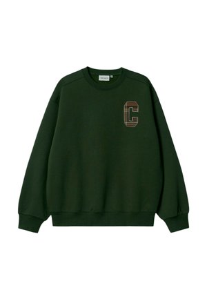Felpa verde scuro con girocollo, polsini e orlo a costine, con una lettera "C" a quadri marrone sul petto a sinistra.