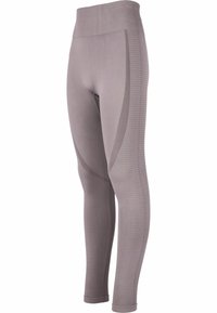 Grå atletiske leggings med en ribbet talje og tekstureret mønster langs siderne. Fremstillet af strækbart, fugtabsorberende materiale.