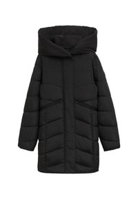 Abrigo de plumas negro con capucha amplia, bolsillos laterales con cremallera y patrón de rombos acolchado. Fabricado con material aislante ligero.