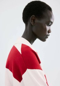 Profilo di una persona con capelli corti e ricci che indossa un capo con colletto rosso e bianco con motivo, su uno sfondo chiaro uniforme.