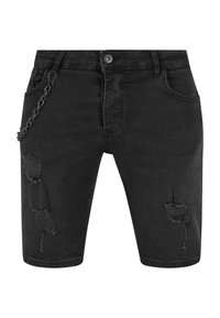 Shorts in denim nero con dettagli strappati, cinque tasche e una catena metallica sul lato. Vestibilità classica con design a gamba dritta.