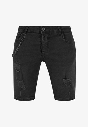 Shorts in denim nero con dettagli strappati, cinque tasche e una catena metallica sul lato. Vestibilità classica con design a gamba dritta.