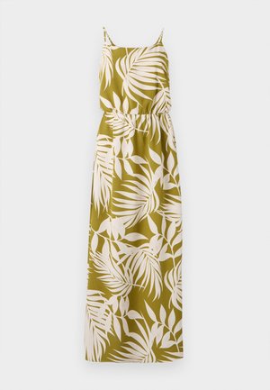 Rochie maxi din material verde măsliniu cu model de frunze de palmier alb, cu bretele subțiri și talie elastică pentru o siluetă ajustată.