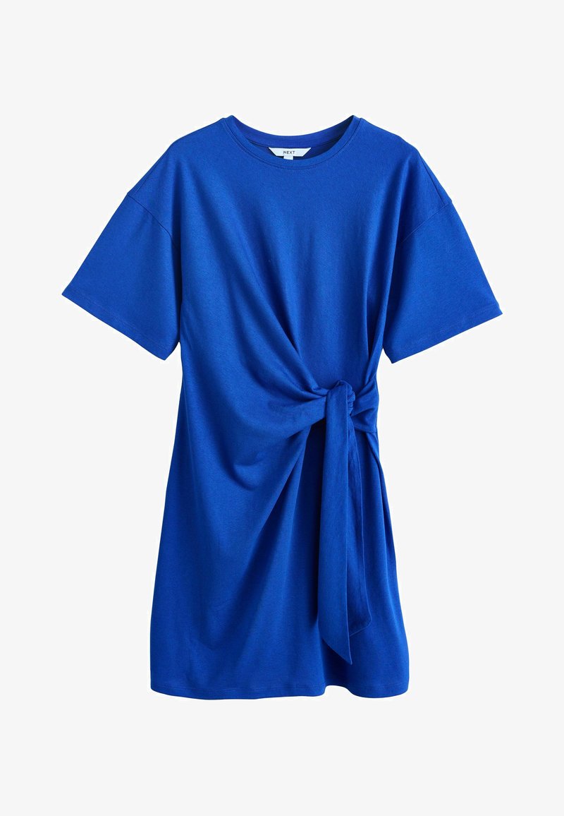 Robe t-shirt bleu à manches courtes en coton doux, avec un nœud décoratif sur le côté, coupe décontractée. Texture lisse, design casual.
