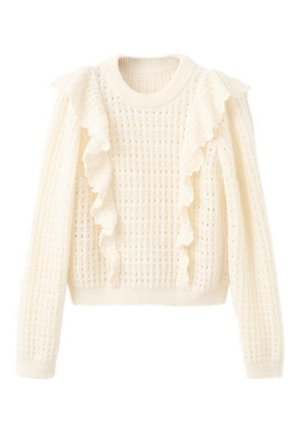 Pulover crem cu model tricotat texturat, cu accente plisate pe partea din față, guler rotund și mâneci lungi. Design scurtat.