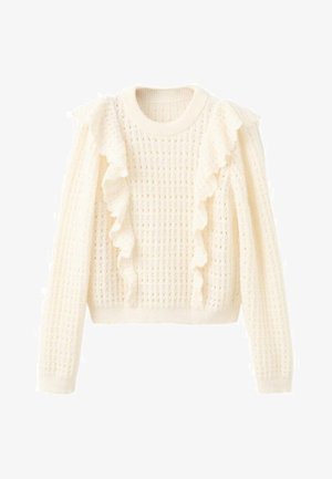 Cream sweater with a textured knit pattern, features ruffled accents along the front, crew neck, and long sleeves. Cropped design.