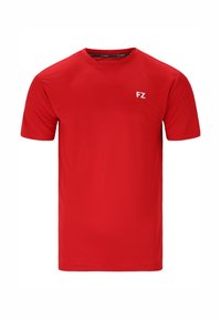 Rød atletisk T-shirt lavet af glat, letvægtsstof. Har en rund halsudskæring og et hvidt "FZ" logo på venstre brystområde.