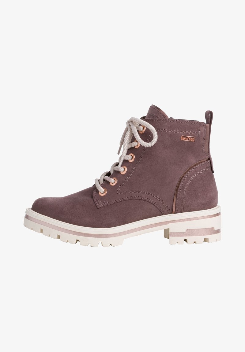 Botte à lacets en daim violet avec semelle épaisse beige et détails de couture, conçue pour un usage décontracté ou en extérieur.