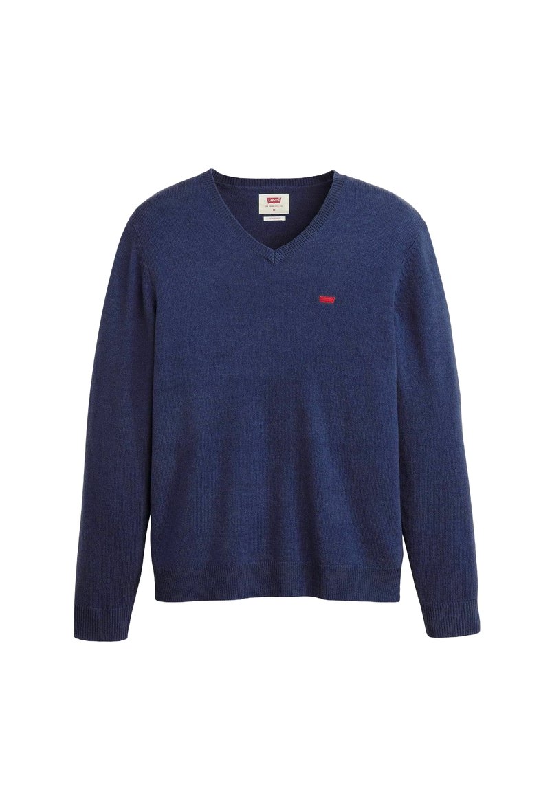 Marineblauer Strickpullover mit V-Ausschnitt, langen Ärmeln und gerippten Bündchen. Mit kleinem rotem Logo auf der Brust. Weiche Textur, lässiges Design.