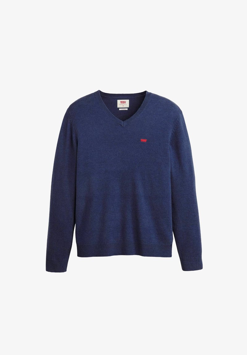 Marineblauer Strickpullover mit V-Ausschnitt, langen Ärmeln und gerippten Bündchen. Mit kleinem rotem Logo auf der Brust. Weiche Textur, lässiges Design.