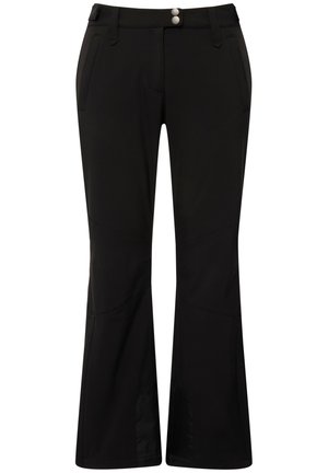 Pantalones negros fabricados con un tejido suave y elástico. Cuentan con un cierre de botón, un diseño de cuatro bolsillos y un corte acampanado con detalles en las costuras.