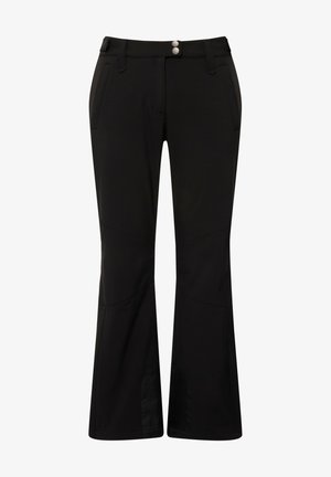 Zwarte broek gemaakt van een gladde, rekbare stof. Bevat een knoopsluiting, ontwerp met vier zakken en een uitlopende onderkant met naaddetails.