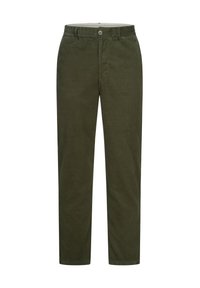 Pantalones de pana verde oliva con un diseño de pata recta, que cuentan con un cierre de botón frontal y bolsillos. Textura suave con estrías sutiles.