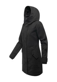 Dark grey coat with a hood, made of a textured fabric. Features two front pockets with flaps, a zipper, and a button closure.