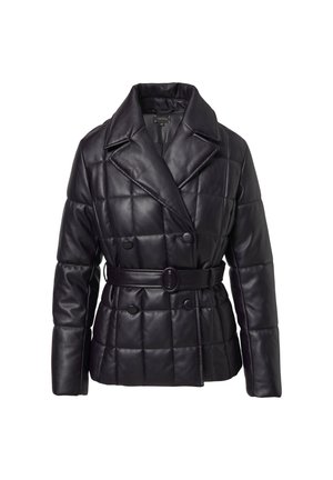 Schwarze, gestepfte Lederjacke mit tailliertem Schnitt, doppelter Knopfleiste, weitem Kragen und einem detailreichen Gurt in der Taille.