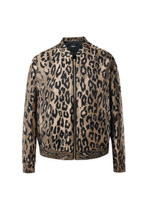Beige en zwarte luipaardprint zip-up jack met elastische manchetten en tailleband, opstaande kraag en een metalen ritssluiting aan de voorkant.