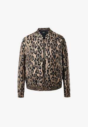 Beige und schwarzer Leopardenmuster-Reißverschlussjacke mit elastischen Bündchen und Saum, Stehkragen und einem metallischen Reißverschluss vorne.