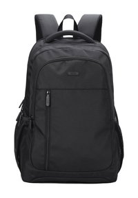 Zaino in tessuto nero con spallacci imbottiti, tasca frontale con zip, tasche laterali in rete e superficie testurizzata.