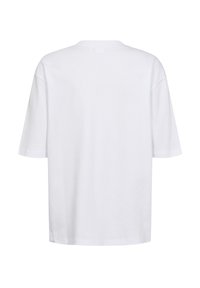 T-shirt blanc à manches courtes, en coton, avec une coupe décontractée, un col rond et un design simple sans motifs ni ornements.
