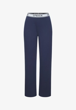 Tumesinine dressipüksid laia elastse vöökohtaga, millel on valged "CPNHGN" kirjatrükid, sirge lõikega ja pehme, siledanahk.