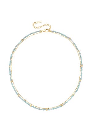 Delicate double-strand necklace with small light blue beads and gold beads, featuring a gold chain clasp and adjustable extension.