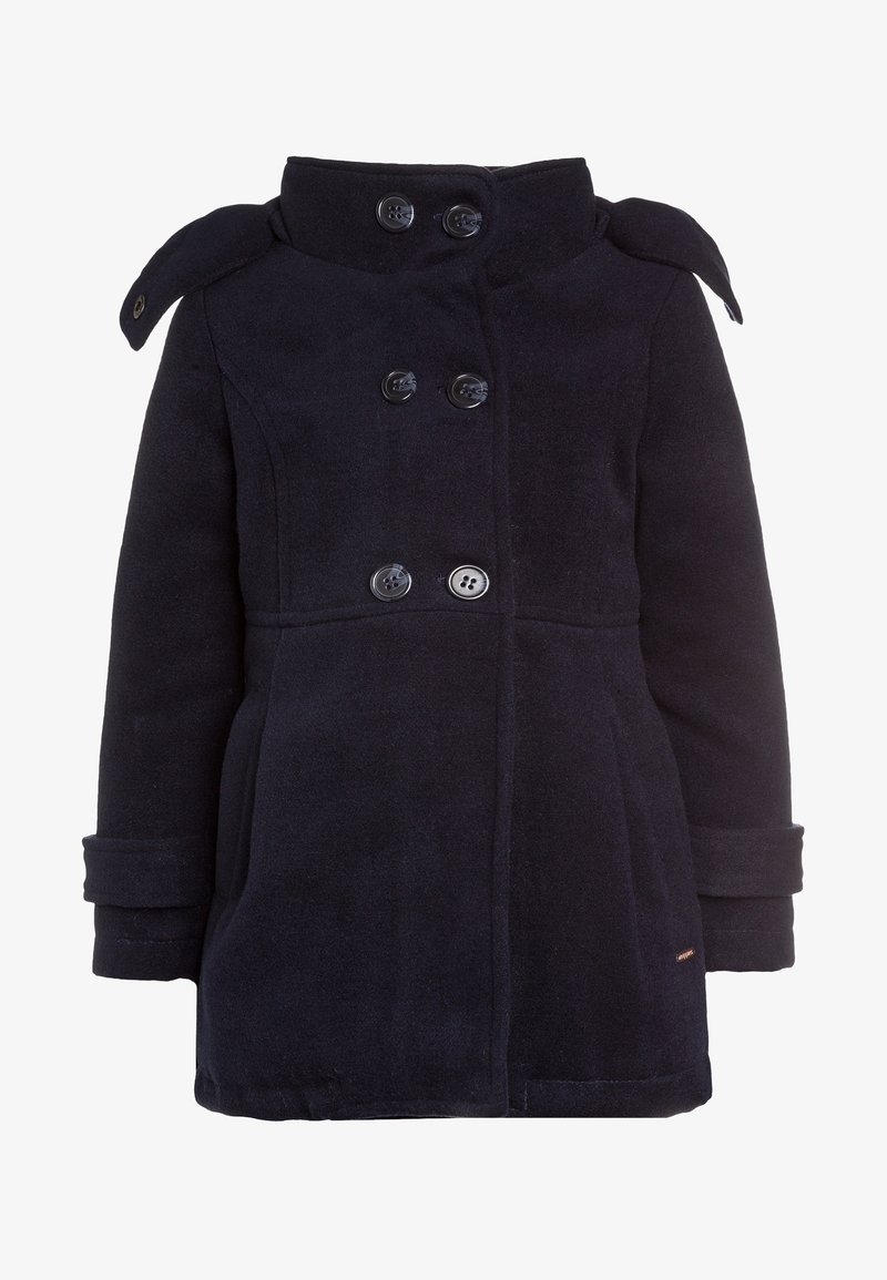 Manteau en laine bleu marine avec un col haut, fermeture à boutons double boutonnage, poches latérales et épaulettes. Présente une finition douce et texturée.