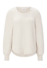 Fluffy witte sweater met ronde halslijn, lange raglanmouwen, geribbelde manchetten en een afgeronde zoom. Zachte textuur met een gezellige uitstraling.