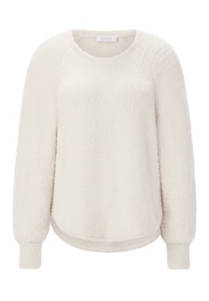 Fluffy witte sweater met ronde halslijn, lange raglanmouwen, geribbelde manchetten en een afgeronde zoom. Zachte textuur met een gezellige uitstraling.