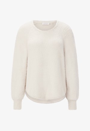 Fluffy white sweater with round neckline, long raglan sleeves, ribbed cuffs, and a rounded hemline. Soft texture with a cozy appearance.