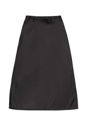 Zwarte, knielange rok gemaakt van gladde stof met een elastische tailleband en zonder zichtbare patronen of accenten, plat weergegeven.