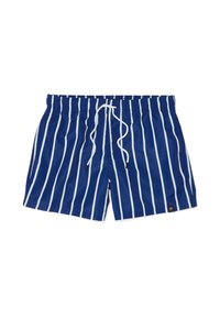 Pantaloni da bagno della marina con strisce verticali bianche, vita elasticizzata e cordoncino. Presenta un piccolo logo nero sull'orlo. Materiale resistente all'acqua.