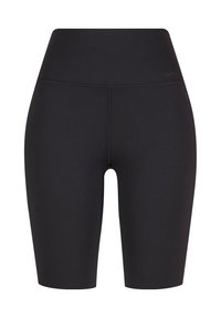 Hoch taillierte schwarze Radsportshorts aus dehnbarem Stoff mit nahtlosem Design und dezentem Branding in der Nähe des Bundes.