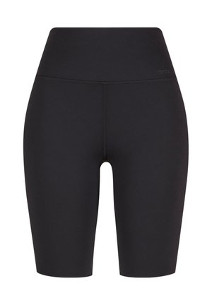 Shorts da ciclismo neri a vita alta realizzati in tessuto elasticizzato, con un design senza cuciture e un logo discreto vicino alla vita.