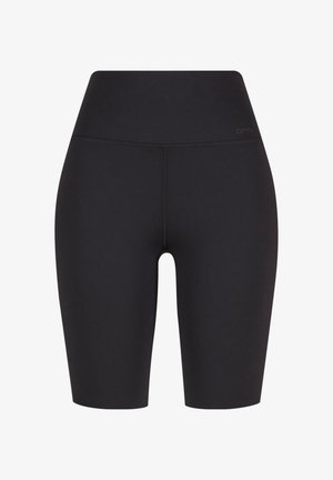 Korkeavyötäröiset mustat pyöräilyhousut joustavasta kankaasta, joissa on saumaton muotoilu ja hienovarainen merkintä vyötärön läheisyydessä.