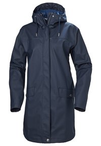 Manteau imperméable bleu marine en tissu lisse, doté d'une capuche, d'une fermeture éclair et de deux poches avant avec boutons-pression.