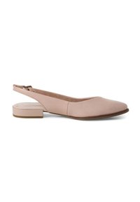 Scarpa slingback rosa chiaro realizzata in pelle liscia, con punta arrotondata e tacco a blocco basso, caratterizzata da cuciture minime e chiusura con zip.