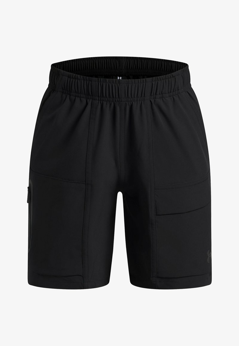 Shorts de sport noirs en tissu léger, dotés d'une ceinture élastique, de poches latérales et d'une texture brossée avec des détails de couture.