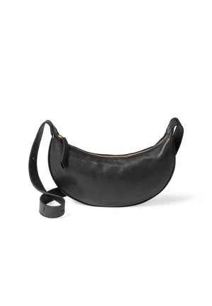 Black leather shoulder bag with a curved, half-moon shape, gold zipper, and adjustable strap. Smooth texture with no visible embellishments.